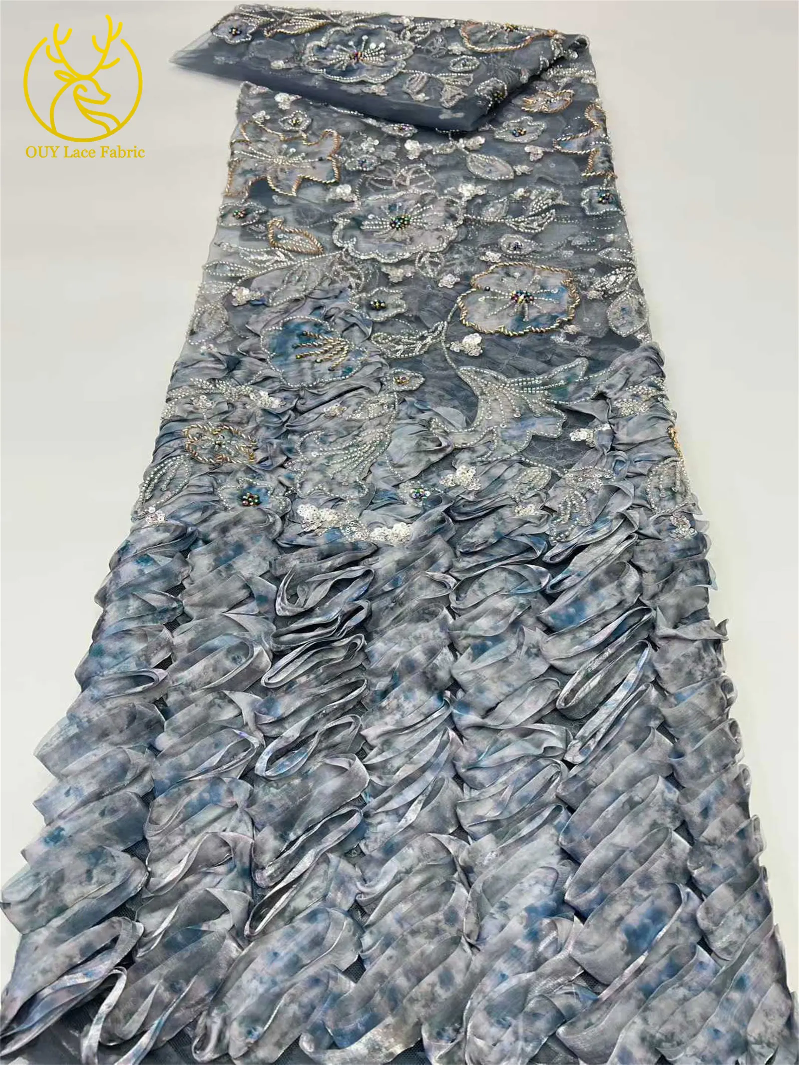 Latest 3D Nigerian African Elegant Women's Dresses Beaded Sequins Fabric French Tulle Embroidered Lace Fabric for Party Wedding