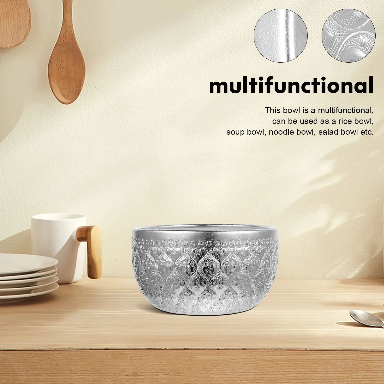 Metal Embossed Bowl Alloy Retro Texture Rice Soup Noodle Salad Serving Bowl Household Restaurant Camping Tableware Food