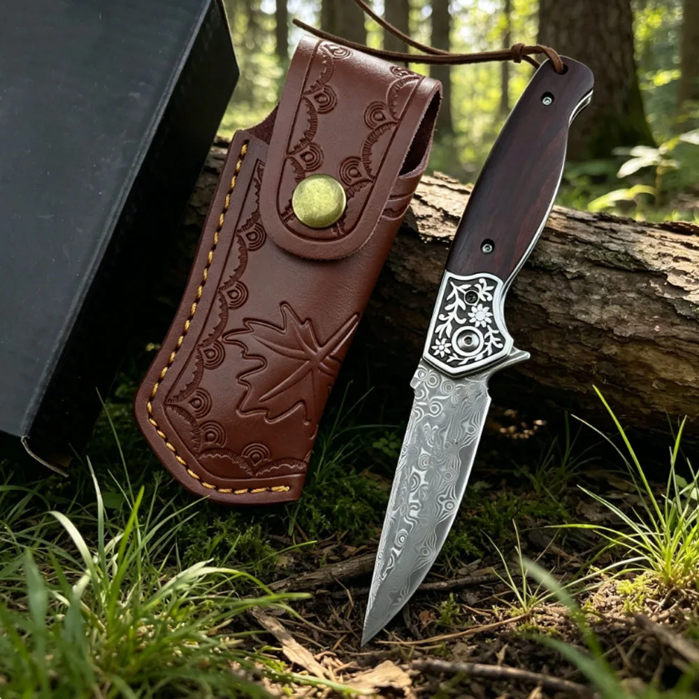 

Handcrafted Damascus Folding Knife with Wooden Handle and Leather Sheath, Ideal for Outdoor Activities and Collection