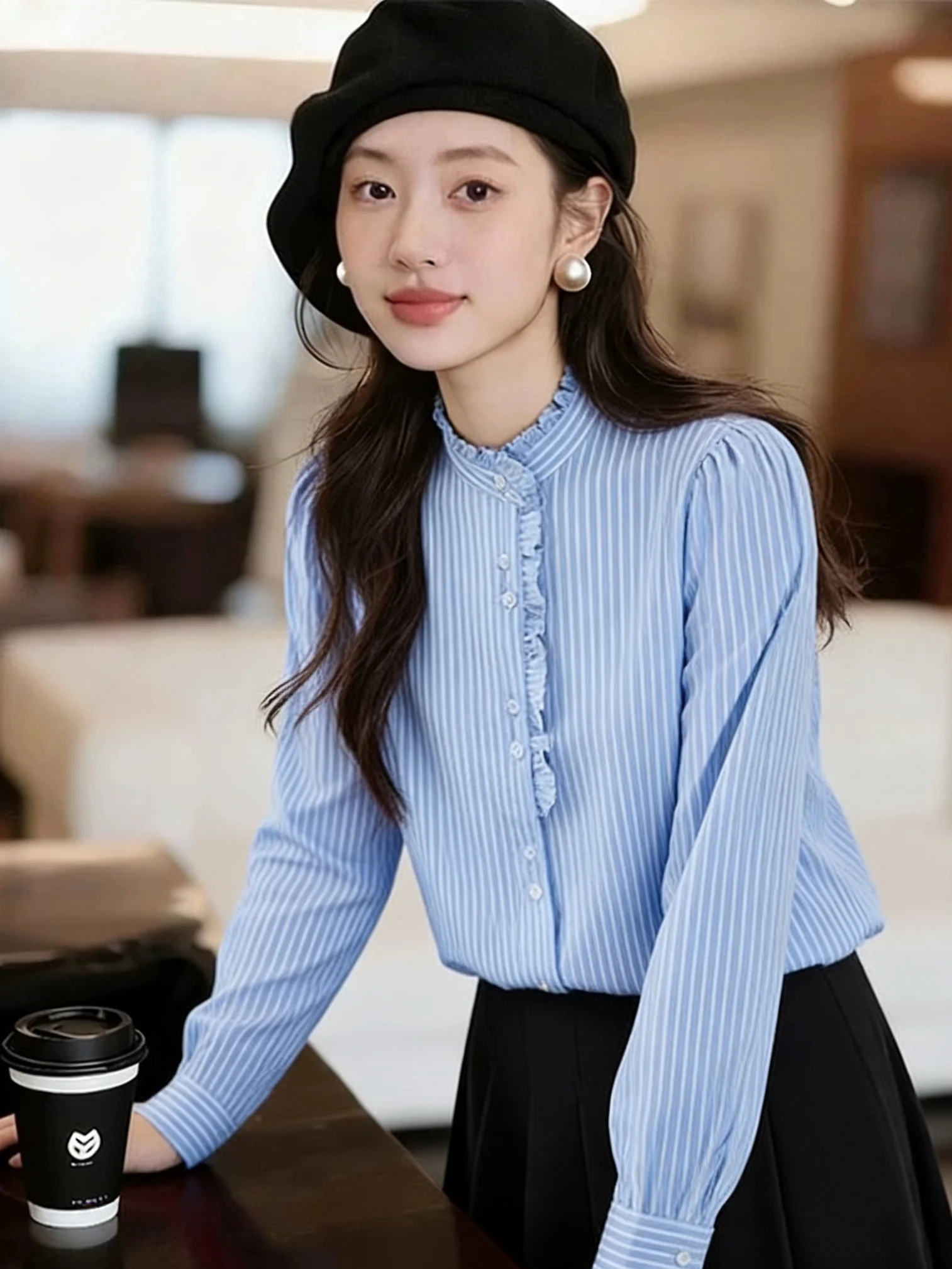 

Женская рубашка с воротником-стойкой на одной пуговице, в полоску, с длинным рукавом, весна 2026, новая, свободная, универсальная, с деревянной отделкой, повседневная