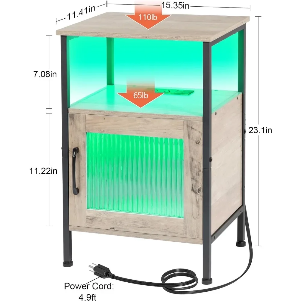 Table de chevet LED avec station de charge, petite table de chevet avec porte en verre et étagère de rangement, ports et prises USB