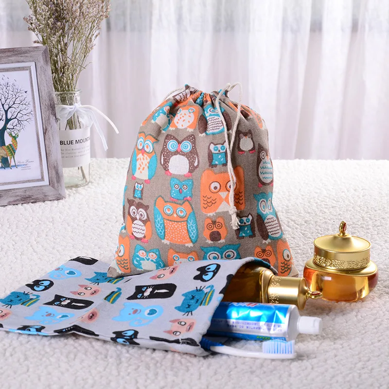 Printed Cotton and Linen Drawstring Pocket Sack Sundries Storage Bag Travel Gift Packing Bag