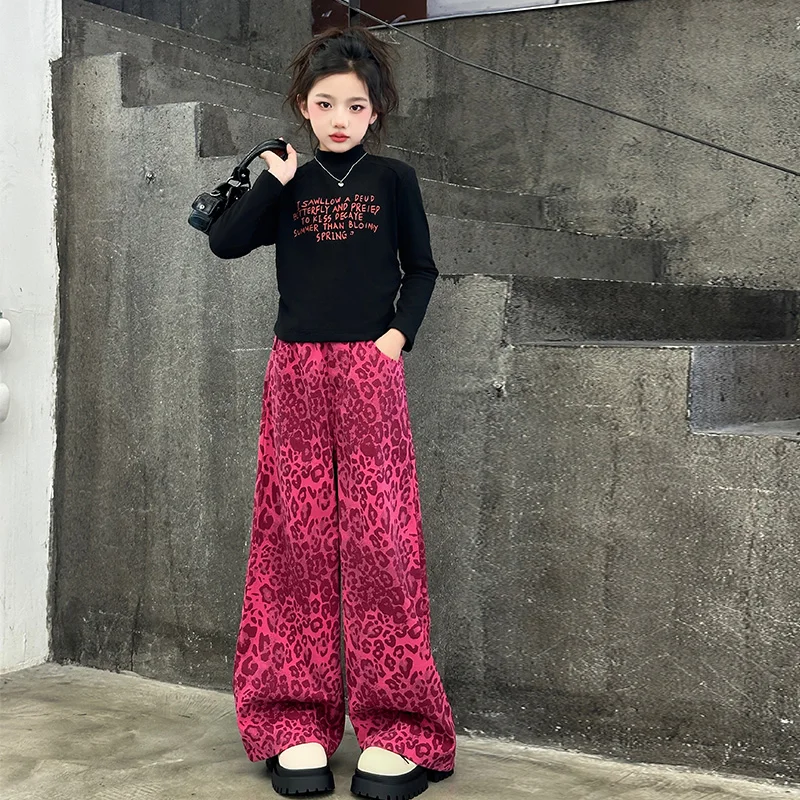 autumn teen girls Street Dance Set cotton letter tops+leopard print wide leg pants 2pcs junior kids clothes suit child outfits