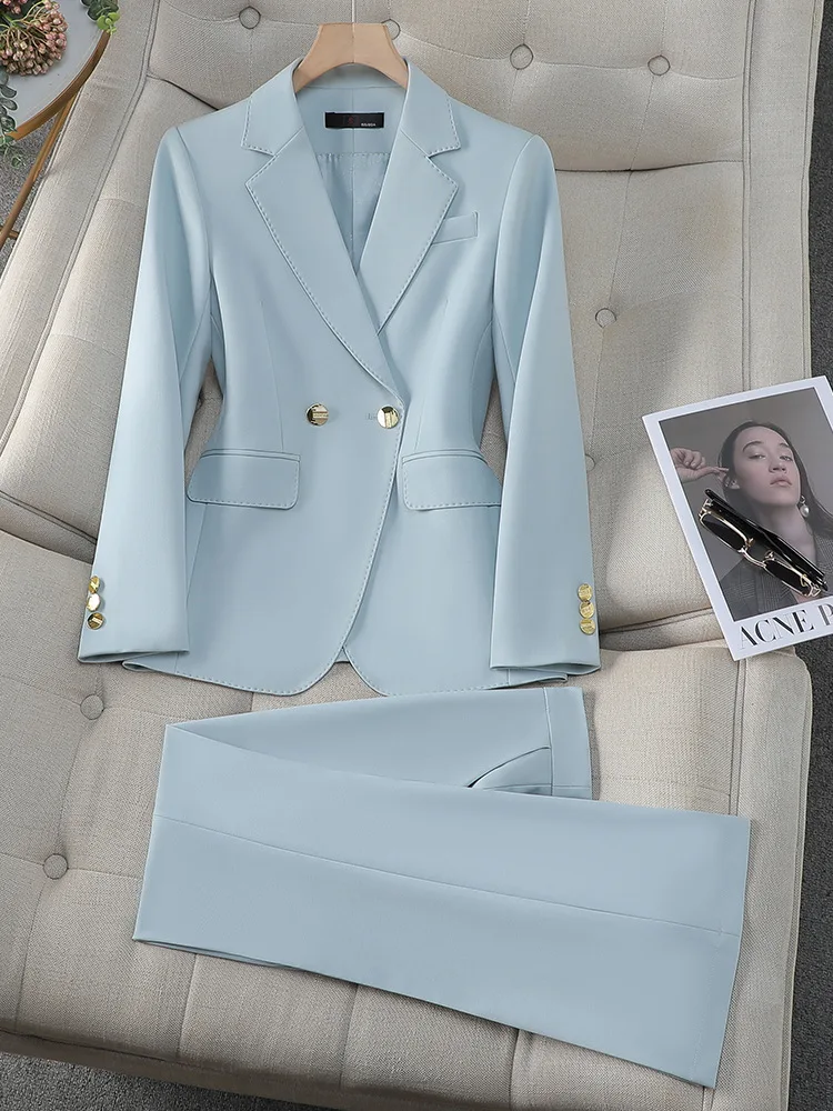 

Light Blue Business Suit Women's Spring and Autumn2024New High-Grade Double-Breasted Formal Suit Overalls Two-Piece Suit