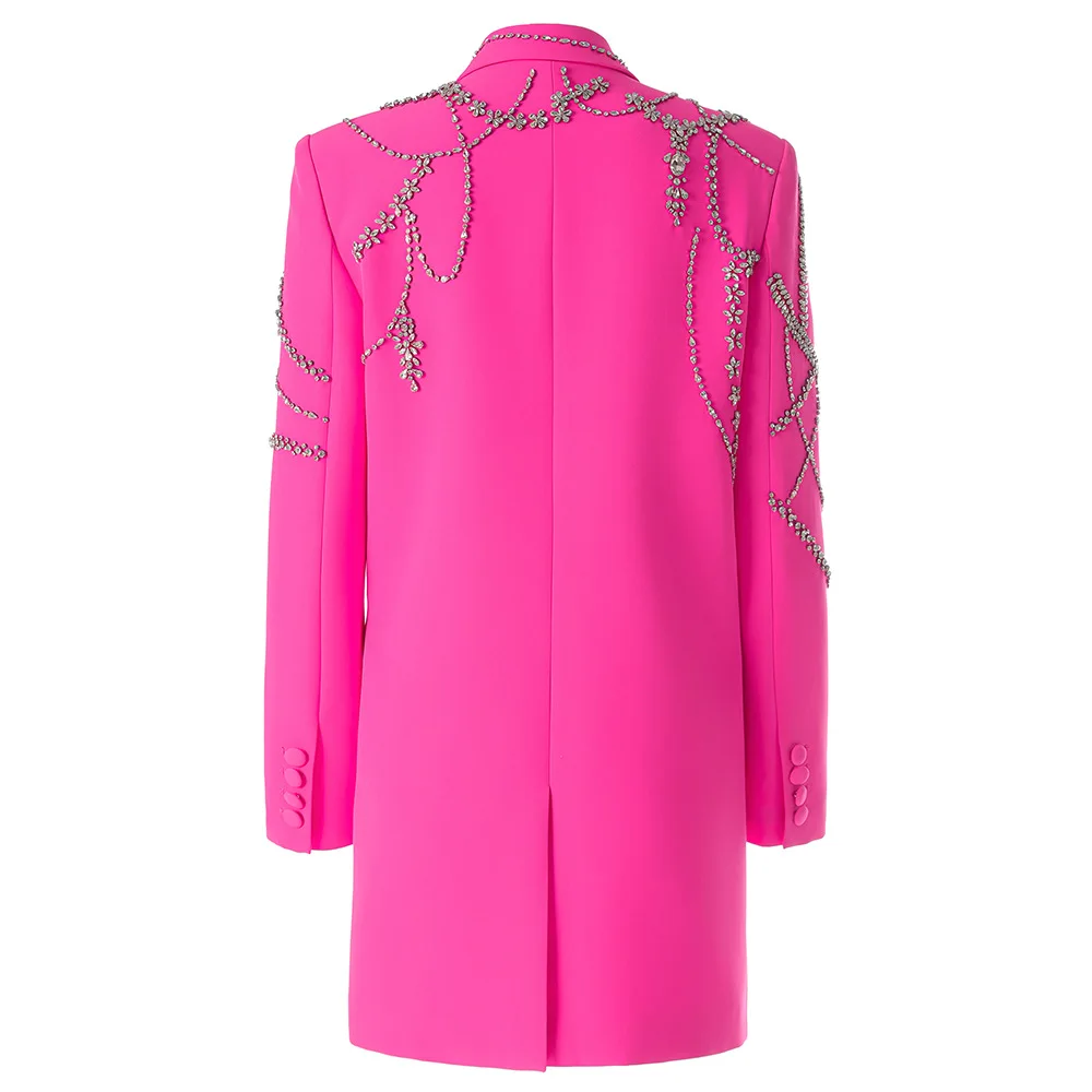 Festival Outfits with Diamonds Outfit Blazer Handmade Long Blazer Dress Jacket Double Breasted Button Hot Pink Dress Suit Women