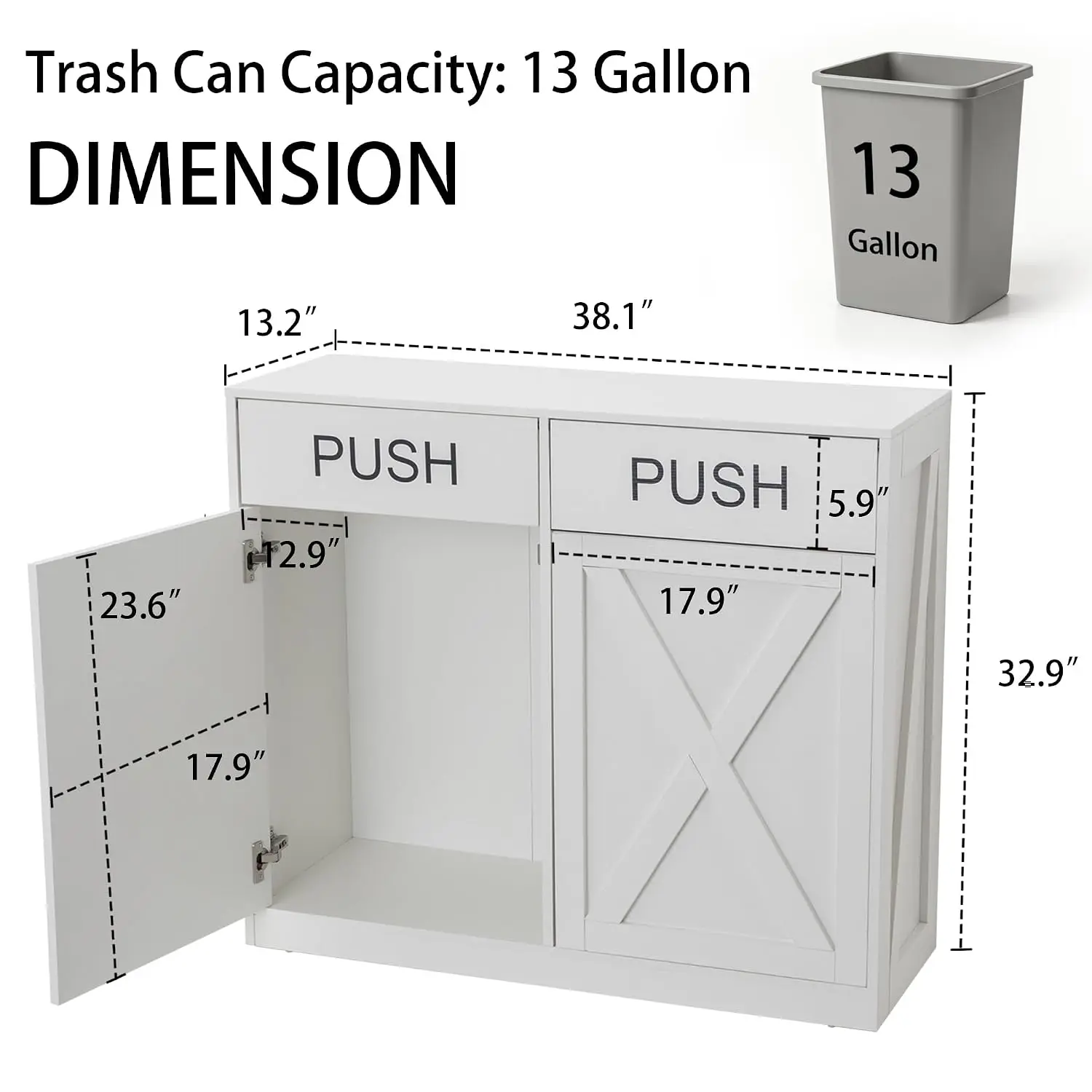 Double Trash Can Cabinet Kitchen Island Table, Hidden Garbage Hamper Storage Organizer With Push Design, Freestanding Wooden Pet Proof Waste Container Cupboard, Modern White Furniture