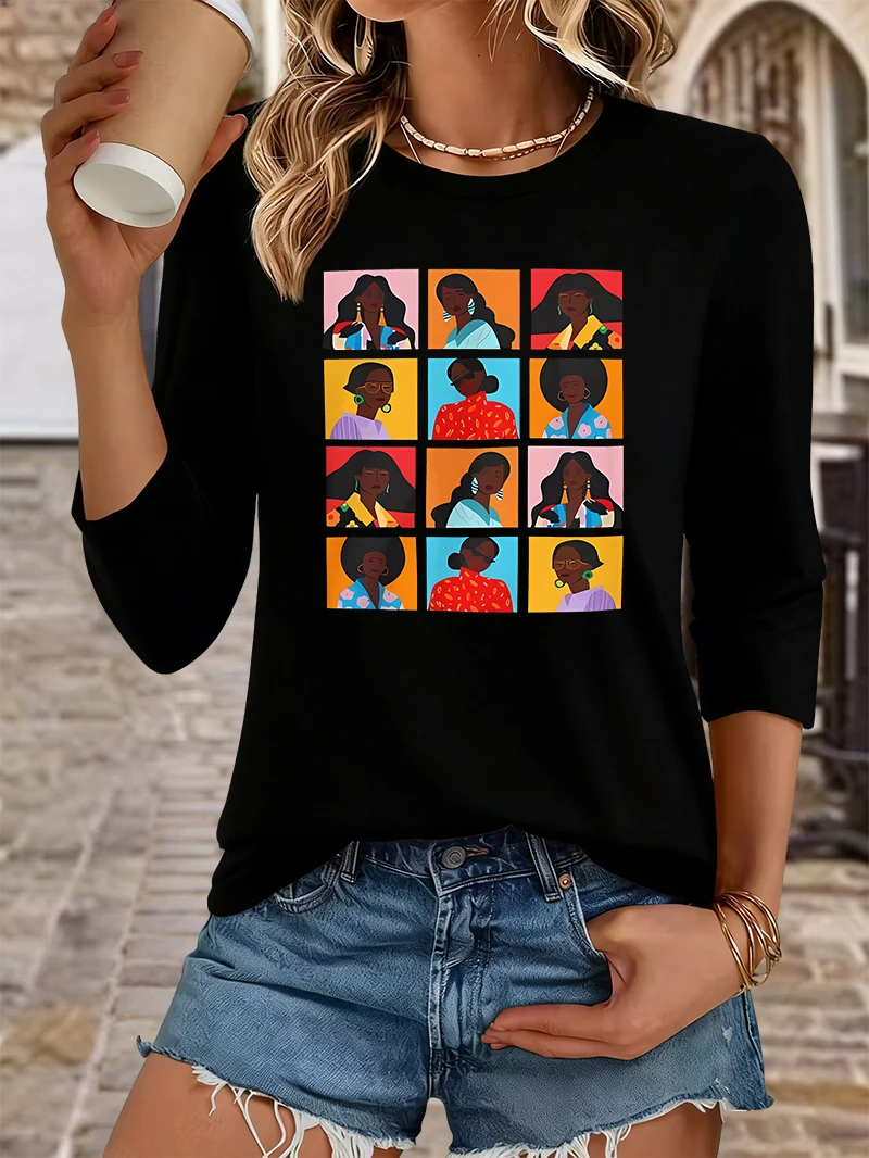 Women Summer Crew Neck 3/4 Sleeve T Shirt, 12 Grid Black Women Portrait Art Print, Empowerment Soft Daily Casual Tee for Ladies