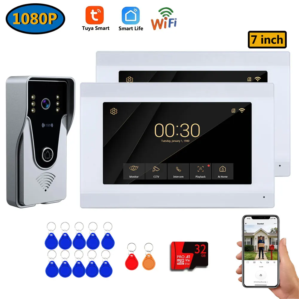 

7 inch LCD 1080P WiFi Video Doorphone 4 Wire HD Smart Video Doorbell Home Intercom System TUYA APP RFID Unlock 1V1/1V2 Optional