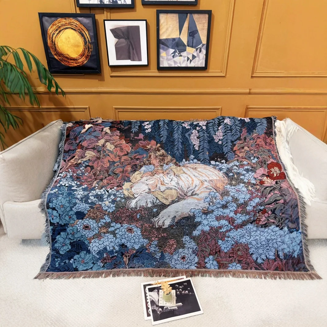 Modern Simple Tiger Girl Blanket Cartoon Sofa Cover Outdoor Camping Carpet Room Living Room Decoration Knitted Thread Tapestry
