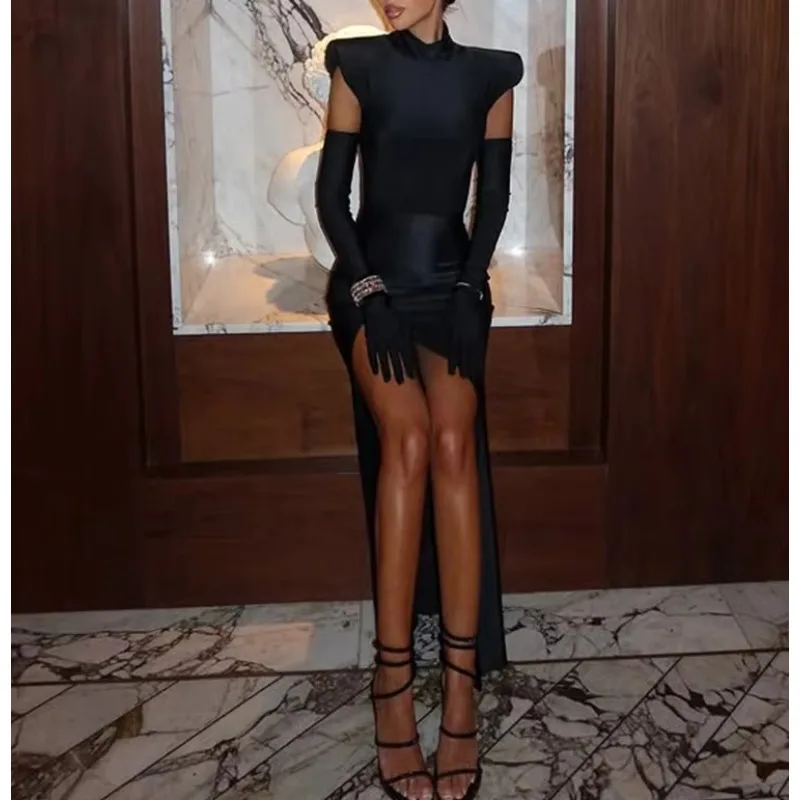 Fashion Women's Maxi Dress With Scarf Half Turtleneck Solid Sheath Bodycon High Split Party Eelgant Trend Vestidos Robes