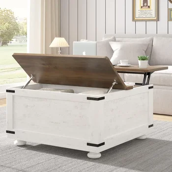 Image Lift Top Coffee Table with Storage, White Lift Top Coffee Table with Hydraulic Gas Rod, Large Square Lift Top Coffee Table