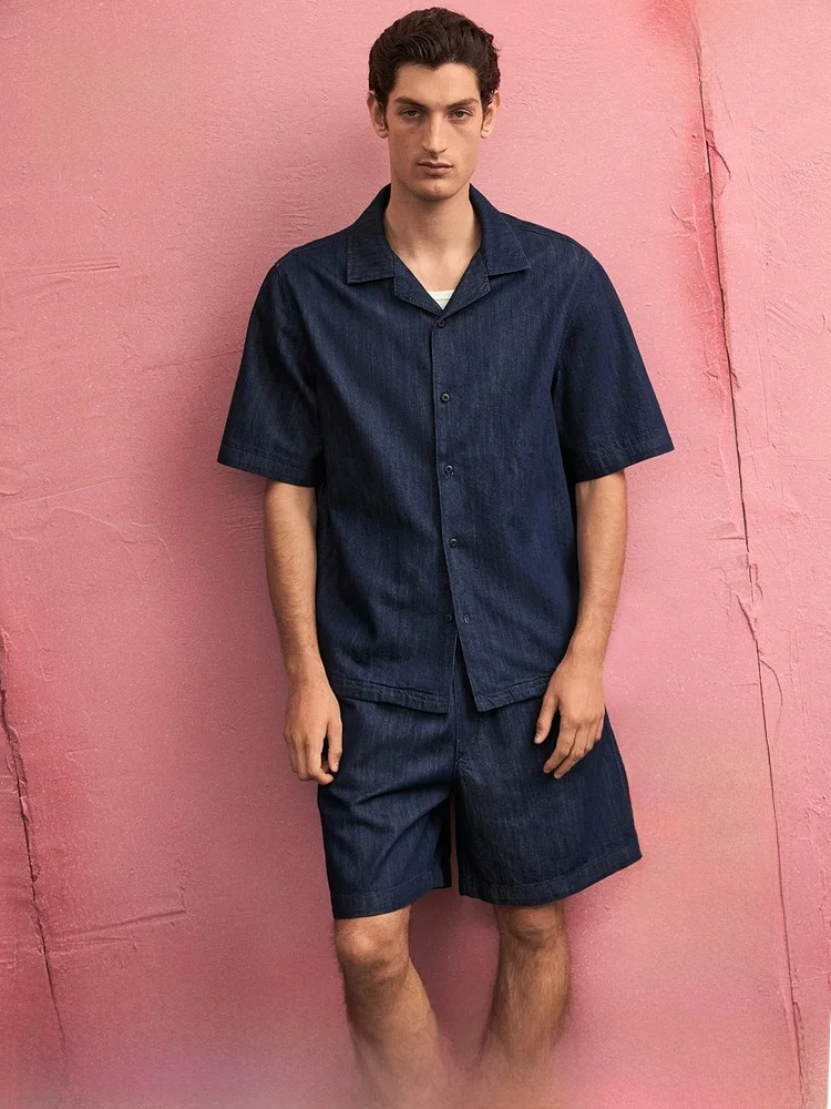 

Мужская рубашка H&M с кубинским воротником, джинсовая, приталенная, из качественного материала, на пуговицах, из смесового хлопка и льна, летняя коллекция 2025