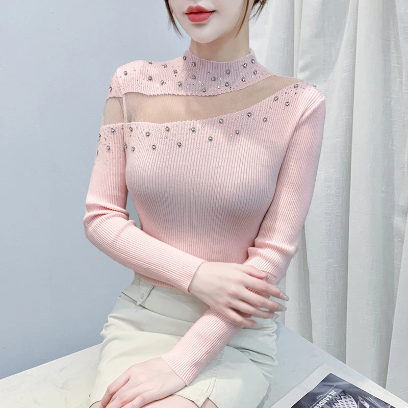 

Черный, корейский, стиль, осень, зима, воротник-стойка, свитер, сексуальный, лоскутный, полые, блестящие, бриллианты, женские, с длинным рукавом, вязаные, топы, 5110502