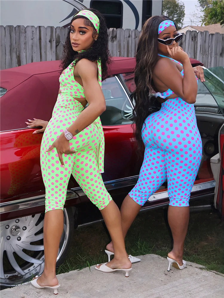 

Sisterlinda Hollow Design Playsuit Woman Sexy Chic Polka Dot Print Halter Low-Neck Backless Skinny Peach Hip High Street Rompers