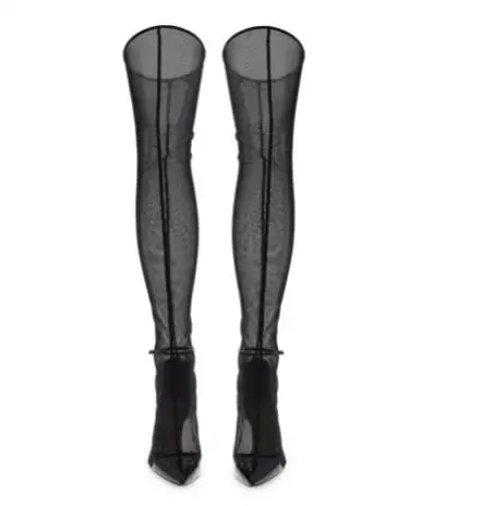 Sexy Frauen Schwarz Glänzendes Patent Leder Air Mesh Spitze Patchwork Dünne Dünne Heels Über Das Knie Stiefel Spitz Lange Botas Schuhe