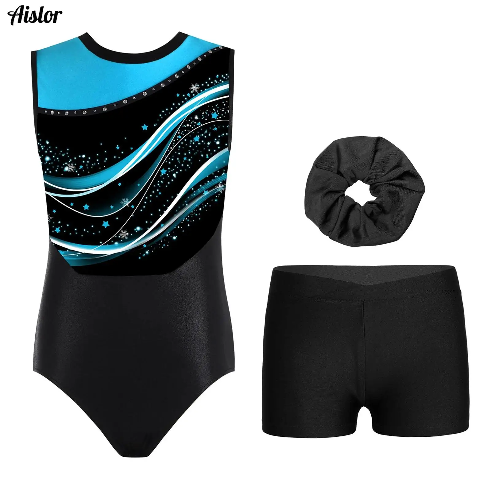 

3Pcs/Set Kids Girls Stylish Print Gymnastics Dance Leotard Round Neck Sleeveless Patchwork Bodysuit Figure Ice Skating Outfits