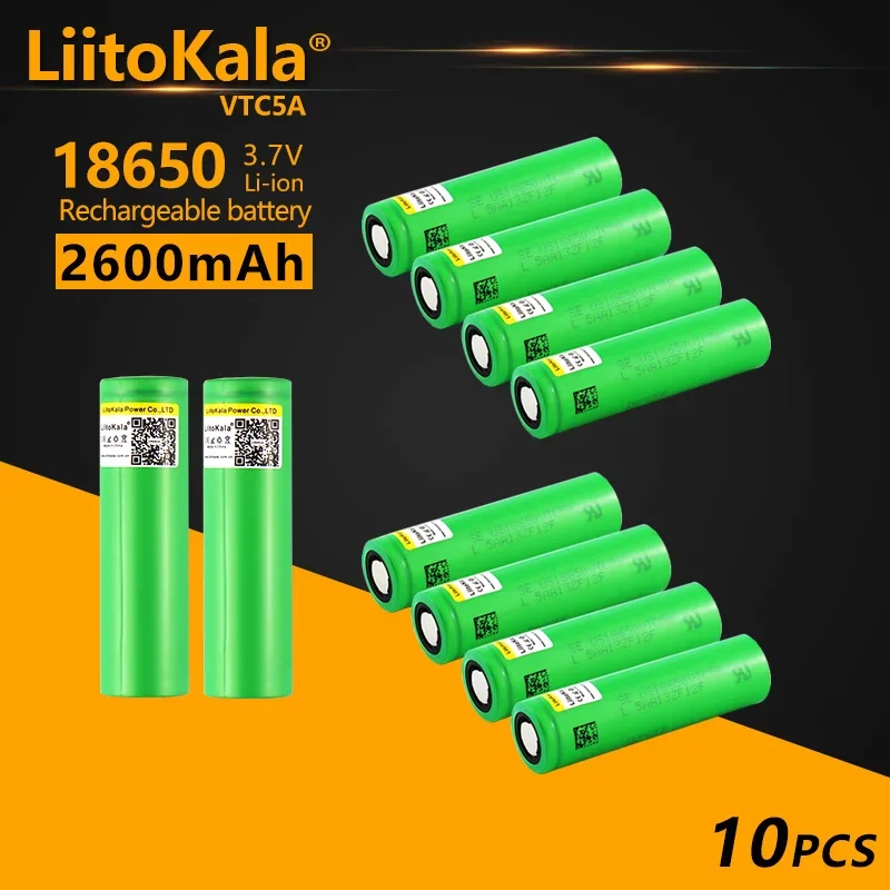 

10PCS LiitoKala 18650 2600mAhVTC5A High Drain 40A 3.7V Li-ion Rechargeable Battery For Flashlight Power Tools Torch Headlamp