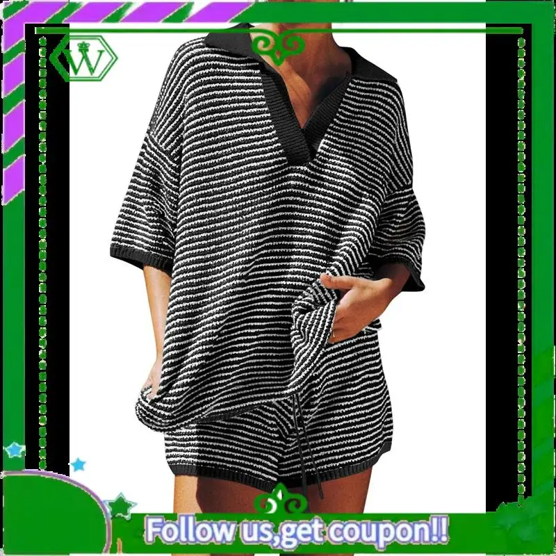 

A18P-Womens 2 Piece Outfits Oversized 3/4 Sleeve V Neck Knit Tops High Waisted Shorts Lounge Sets