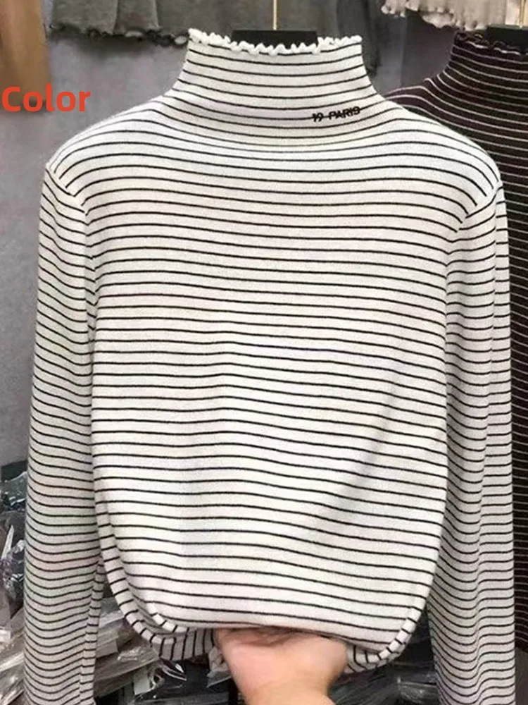 Thiened dupla face de lã longa sve camiseta feminina base irt f-gola alta forrado outono inverno faionable