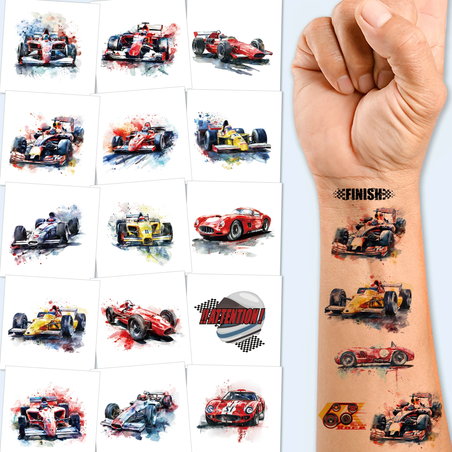 

Watercolor Race Car Temporary Tattoos, Oblong Shaped Cool Racing Car Tattoo Stickers for Birthday Party Favors and Decorations