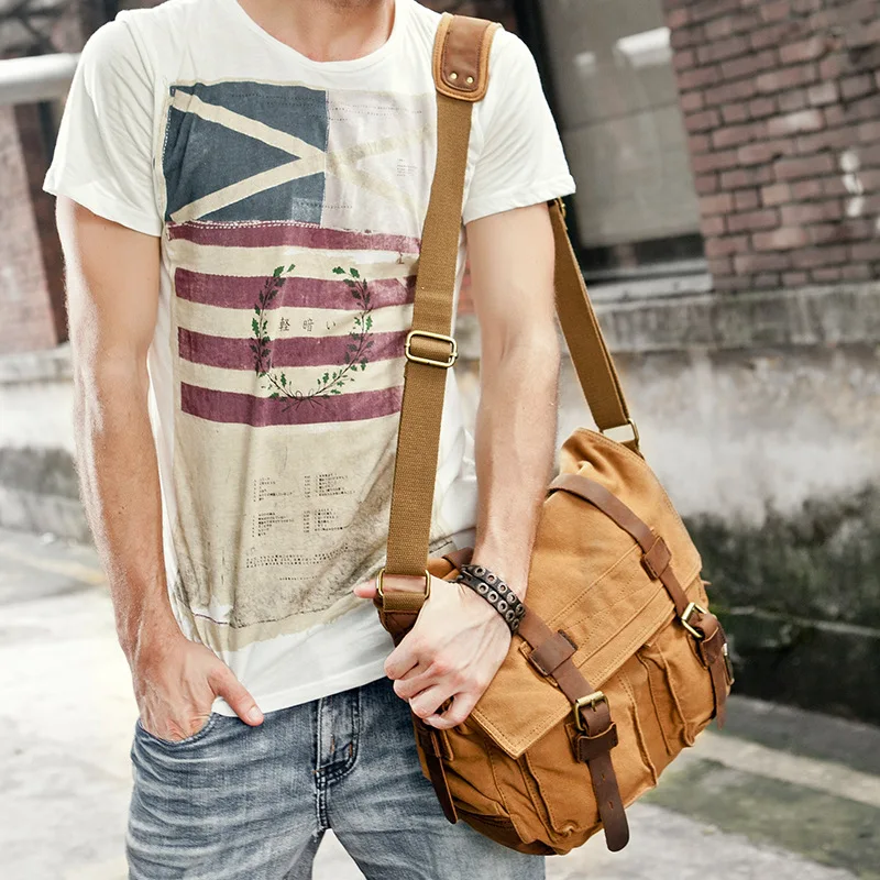 2023 Fashion Vintage Men\'s and Women\'s Messenger Bag Cotton Canvas Leather Crossbody Bags Men Shoulder Bag Casual Sling Bag