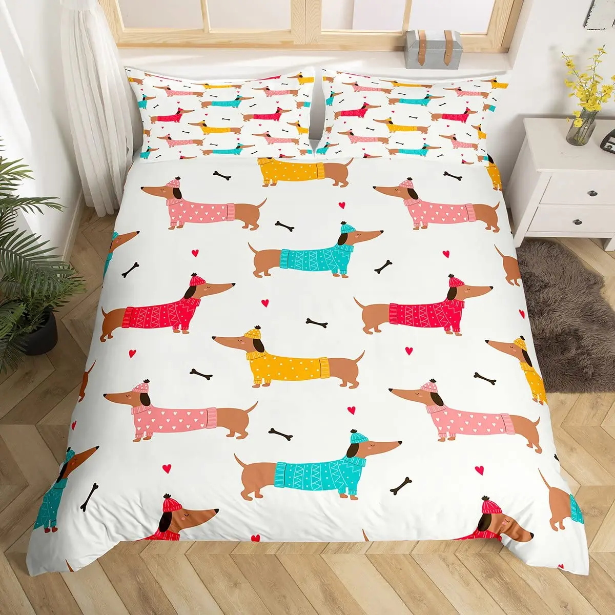 Cartoon Dachshund Duvet Cover Cartoon Sausage Dog Comforter Cover Cute Puppy Dog Bedding Set Cute Family Pet Animal Quilt Cover