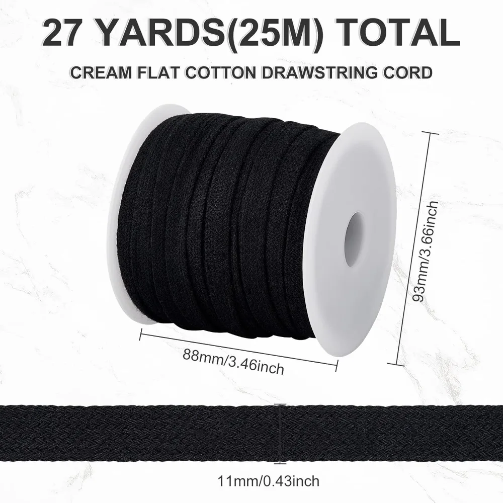 27 Yards Black Flat Replacement Cotton Cords, Soft Drawstring Draw Cord for Garment Accessories