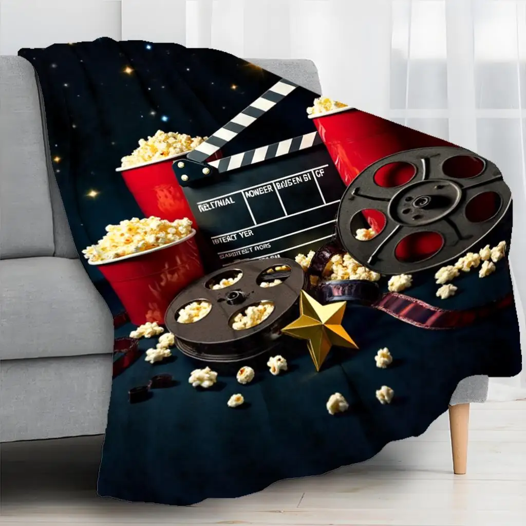 50x60 Plush Flannel Movie Night Throw Blanket - Heavyweight 280 GSM All-Season Soft Bedspread with Film, Clapperboard & Popcorn Design in BlackRedWhite - Machine Washable Cozy Couch Bed Cover for Home Theater Decor & M Blanket, Bed Blanket, Christmas