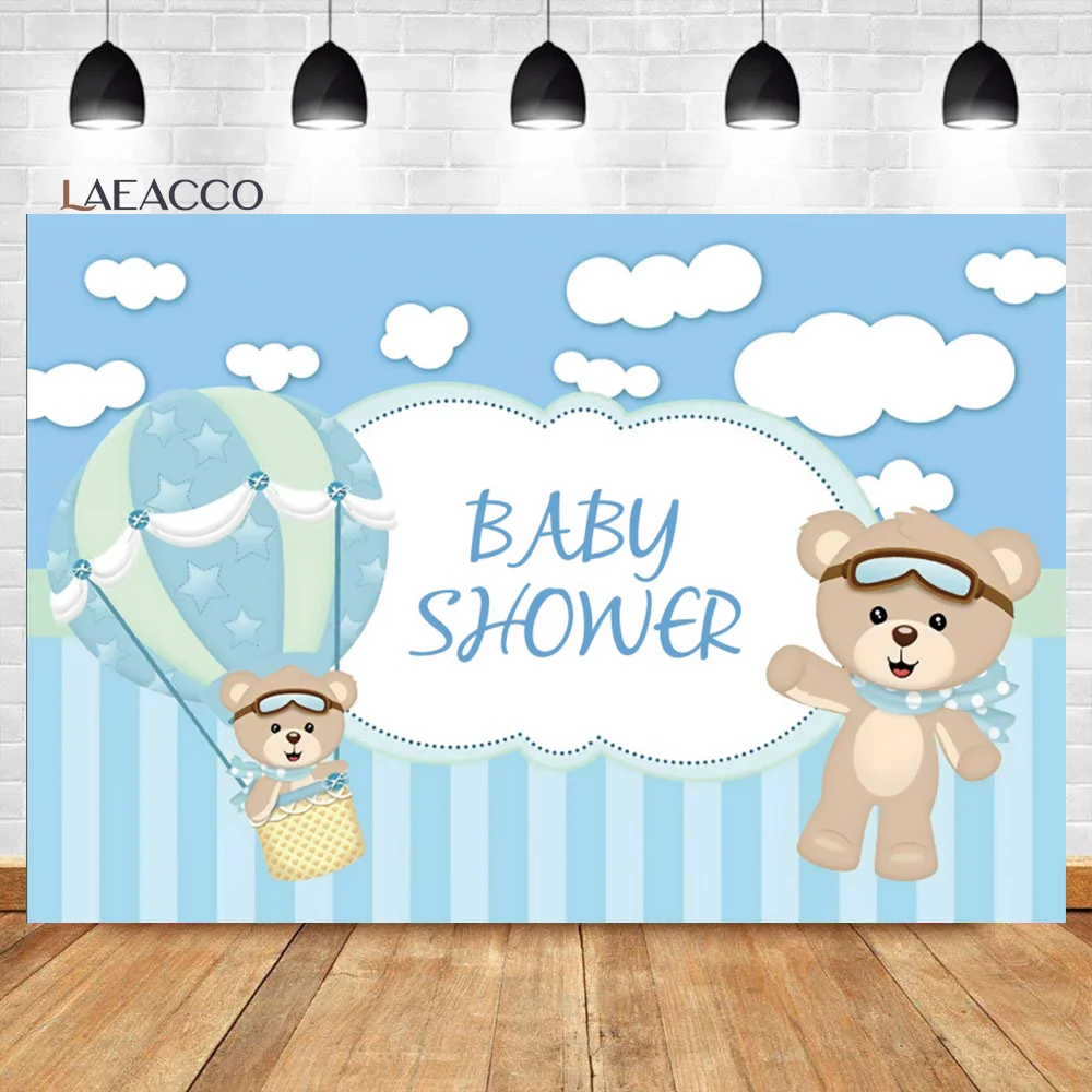 Laeacco Teddy Bear Happy Birthday Backdrop Hot Air Balloon Star Cloud Kid Baby Shower Portrait Customized Photography Background