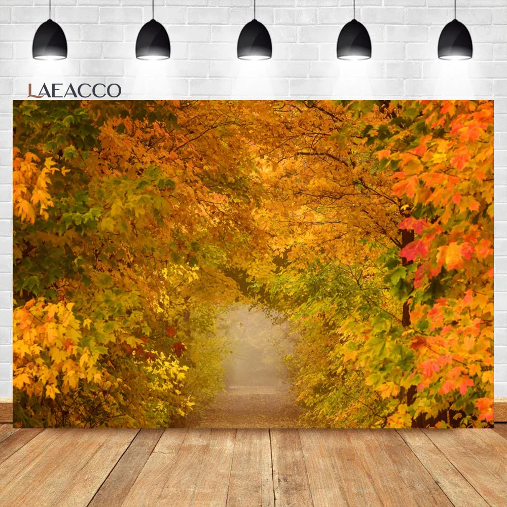 Laeacco Autumn Maple Leaves Photography Backdrop Fallen Yellow Tunnel Scenery Natural Season Kids Adults Portrait Background