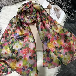 Pink Green Winter Long Silk Scarf Acessories Brand Floral Design 100% Silk Scarf Summer Beach Silk Shawl Hijab Scarf Bufanda