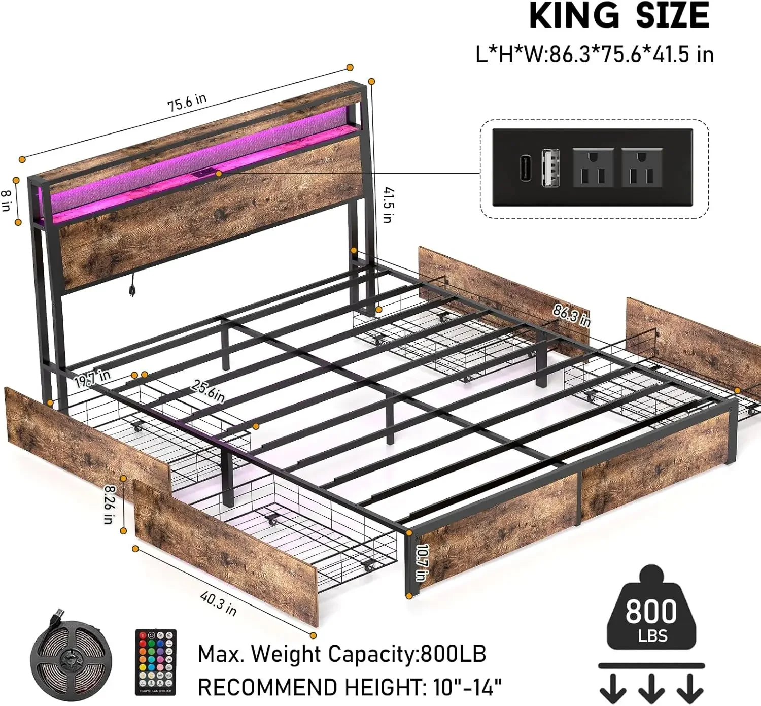 

King Size Bed Frame with 4 Storage Drawers and Headboard with Charging Station and LED Lights