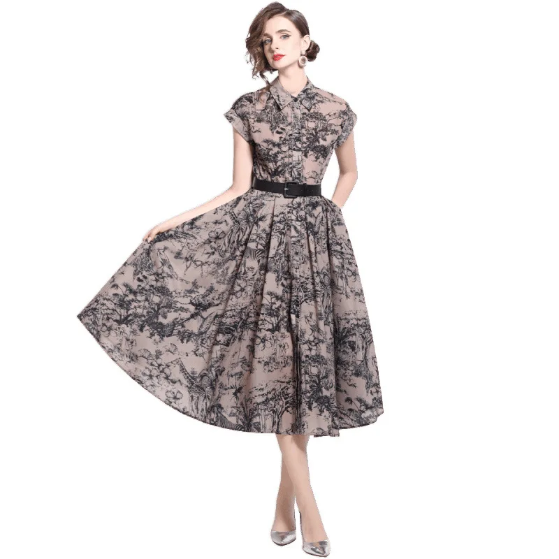 Sommer 2025, Kragen, bedruckt, ort Sve Dr, hohe Taille, A-Linie, Street Sle Thi, Stoff, Paar Dr