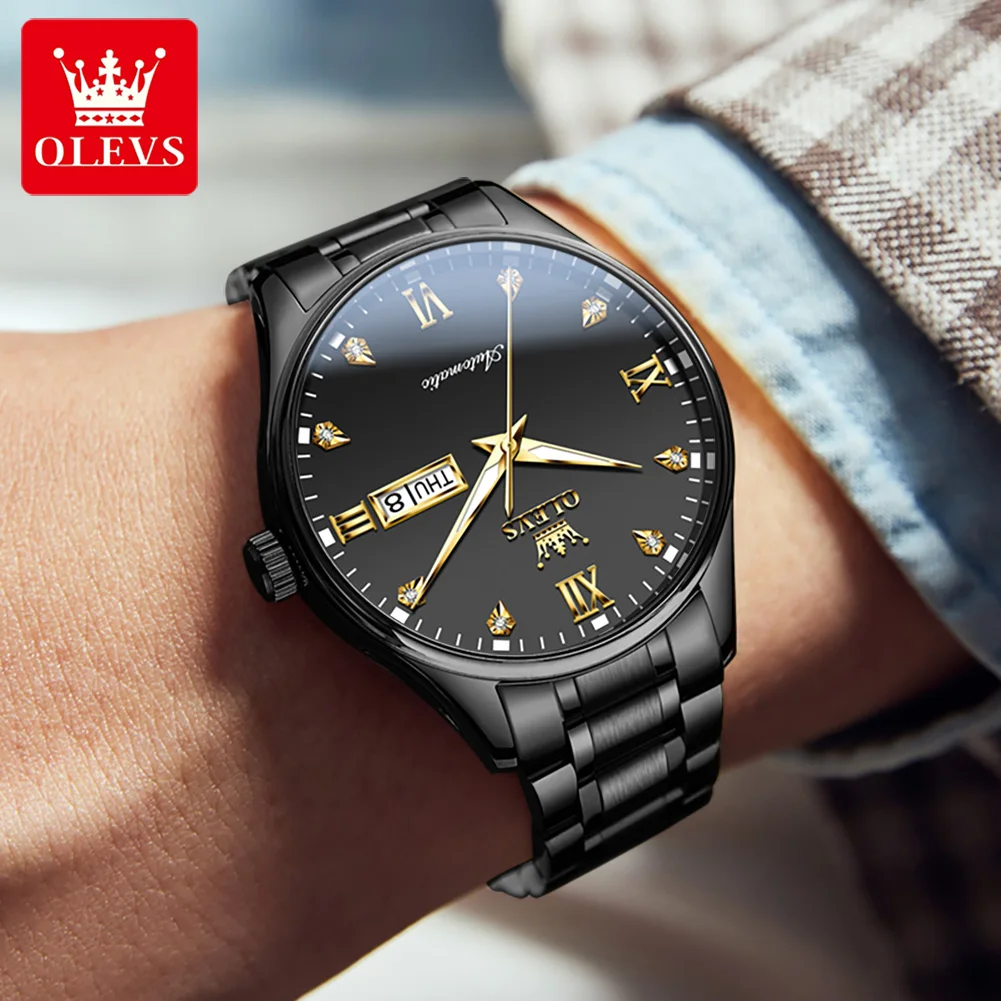 OLEVS 9955 Men\'s Watches Black Stainless Steel Automatic Mechanical for Men Calendar Week Business Dress Hand Clock NEW