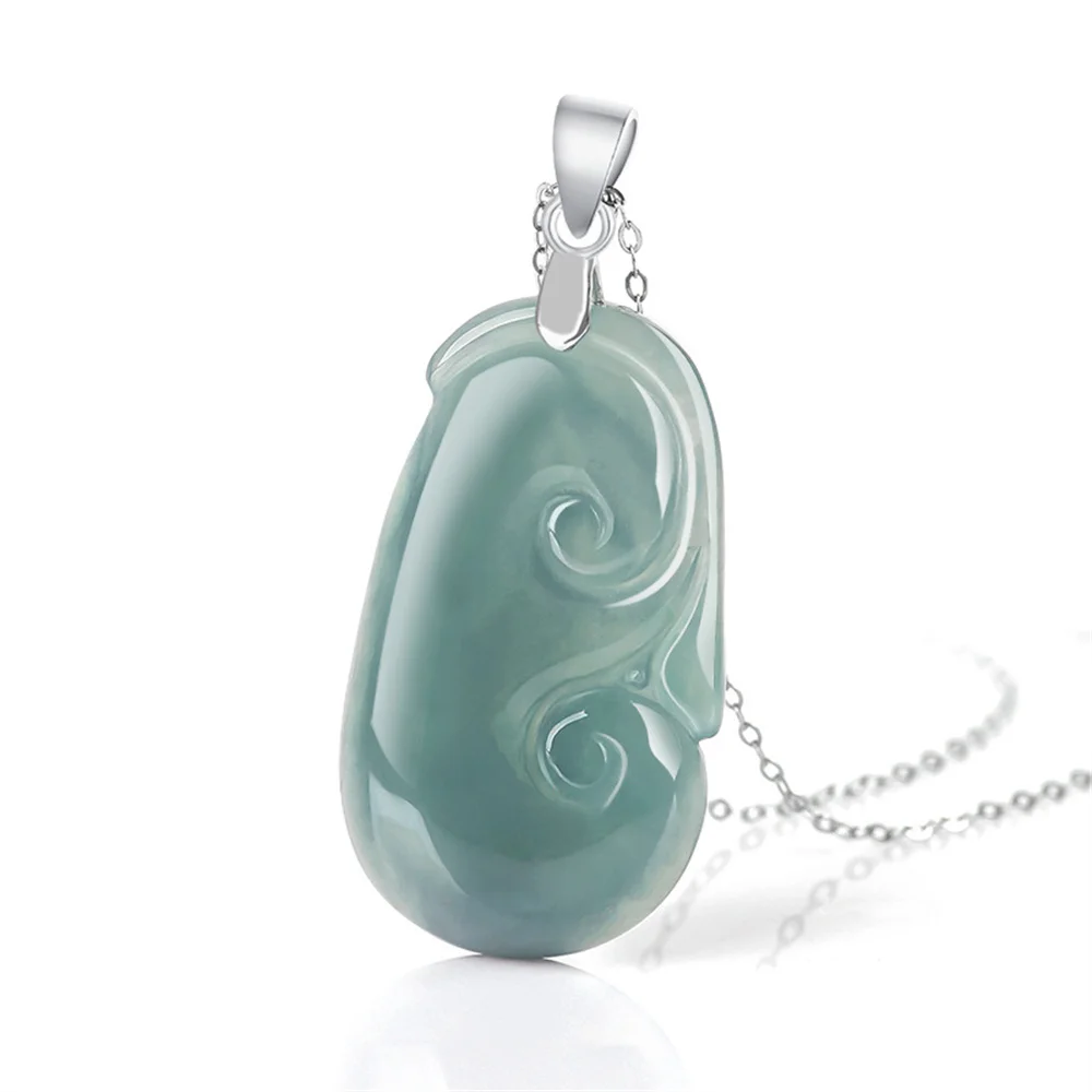 925 Silver Natural Ice Green Jadeite Carved RuYi Lucky Pendant Amulet Chain Necklace Certificate Luxury Jade Vintage Jewelry