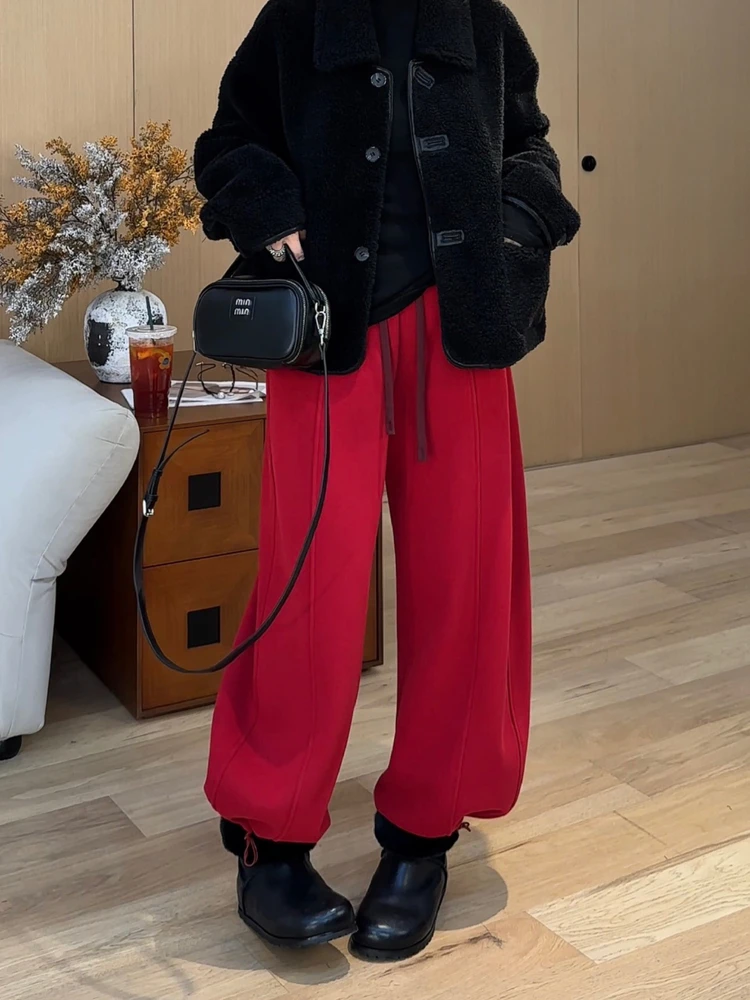 Pantalones casuales de cintura alta con forro polar suelto y puños, de doble uso, rojos de Año Nuevo, de pierna recta, de tiro medio para mujer