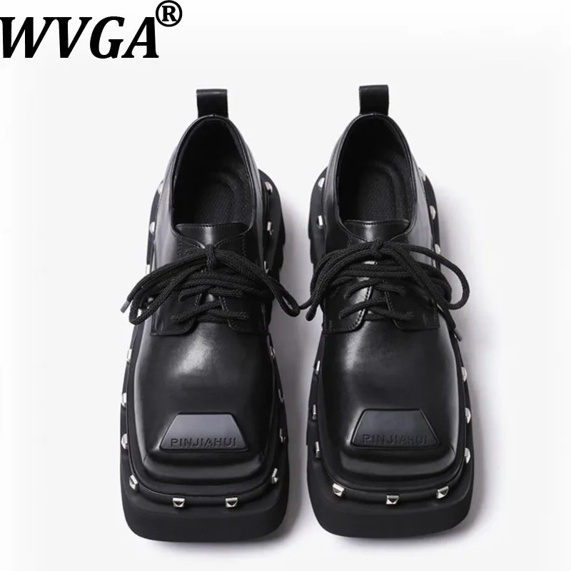 WVGA Spriing Autumn New Man Square-Toe Lace-Up Derby British Style Retro Thick-Soled Height-Increasing Leather Shoes Ins W20954