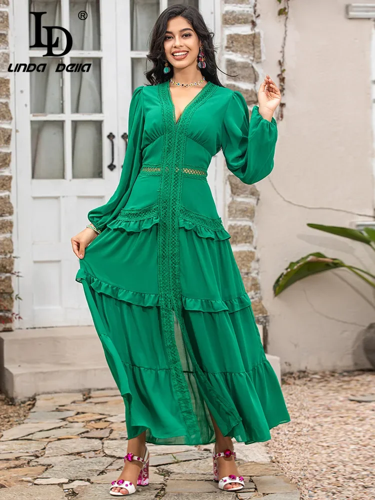 

LD LINDA DELLA Fashion Runway Spring Dress Women's V Neck Lace High waist Hollow out Ruffles Green Long Party Dress