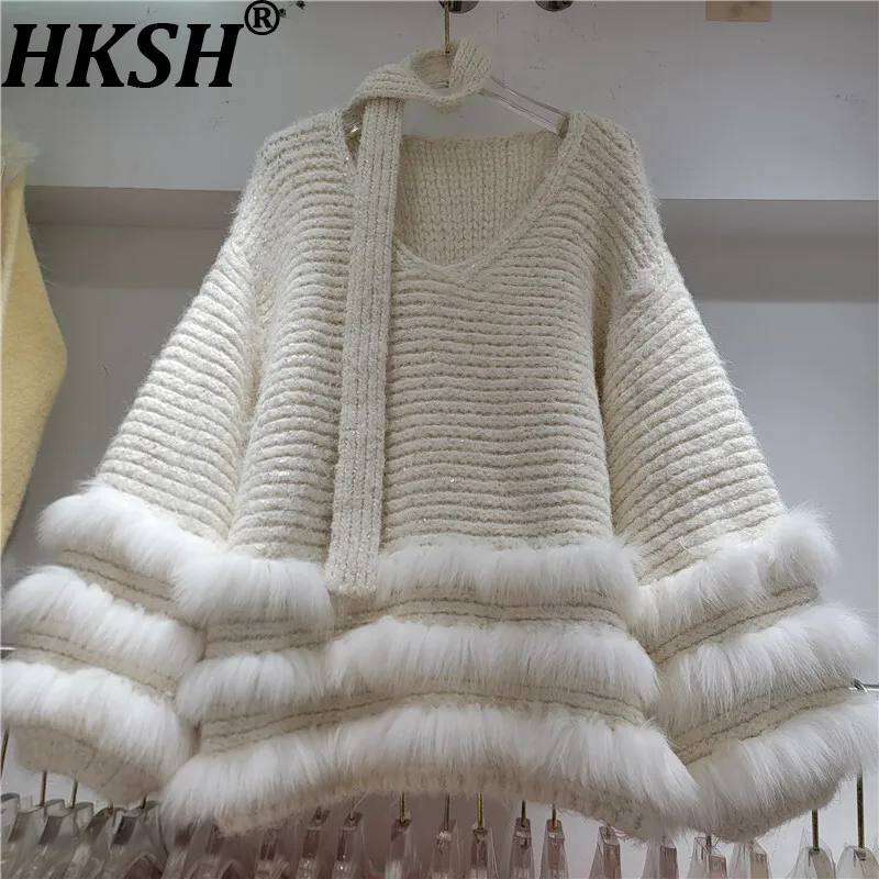 

HKSH Autumn Winter New Women's Sweater V-neck Patchwork Faux Fur Oversized Knitted Pullover Tops Elegant Sweet Chic Tide HK15049