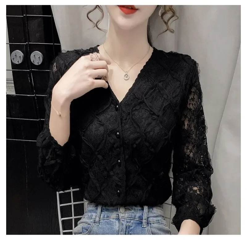 New Lace Korean Shirts Chic Office Lady Women Spring Autumn Clothing With Button V-neck Shirt Solid Sweet Lace Top Blouse