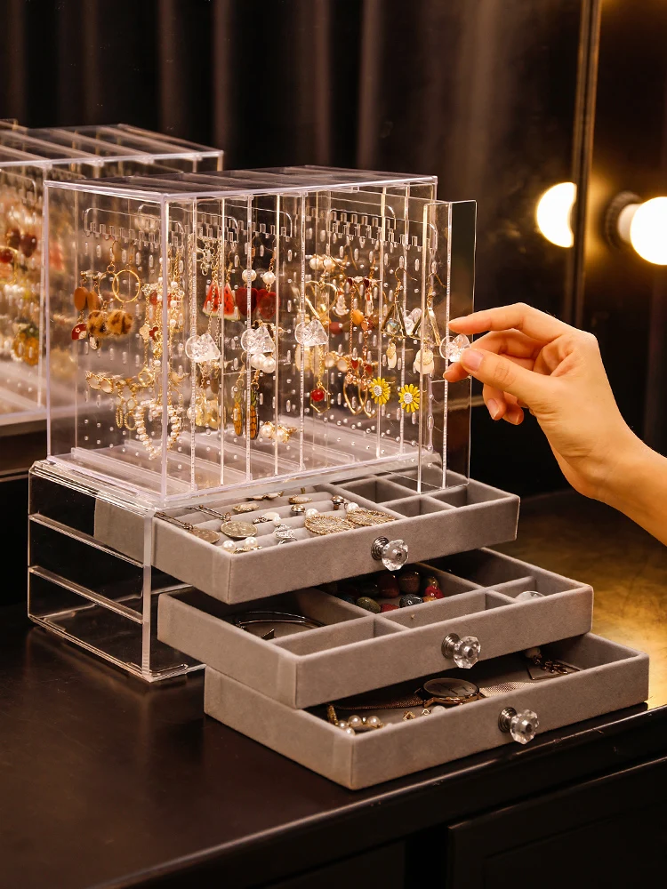 Luxury Jewelry Storage Box Organizer for Girl Earrings Display Rack Large Transparent Acrylic Jewelry Storage Box Drawer Gift