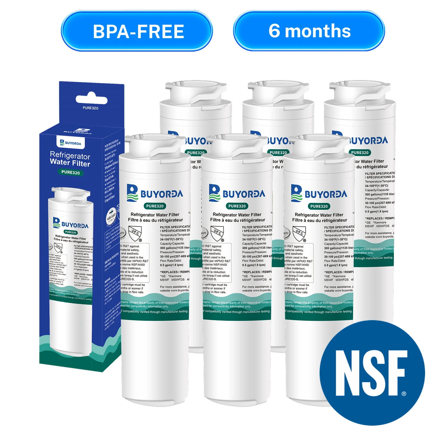 

Water Filter Replacement Compatible with GE MSWF 101820A 101821B RWF500A MSWF3PK MSWFDS 46-9914 AP3997949 PC46783 PS1559689 6Pcs