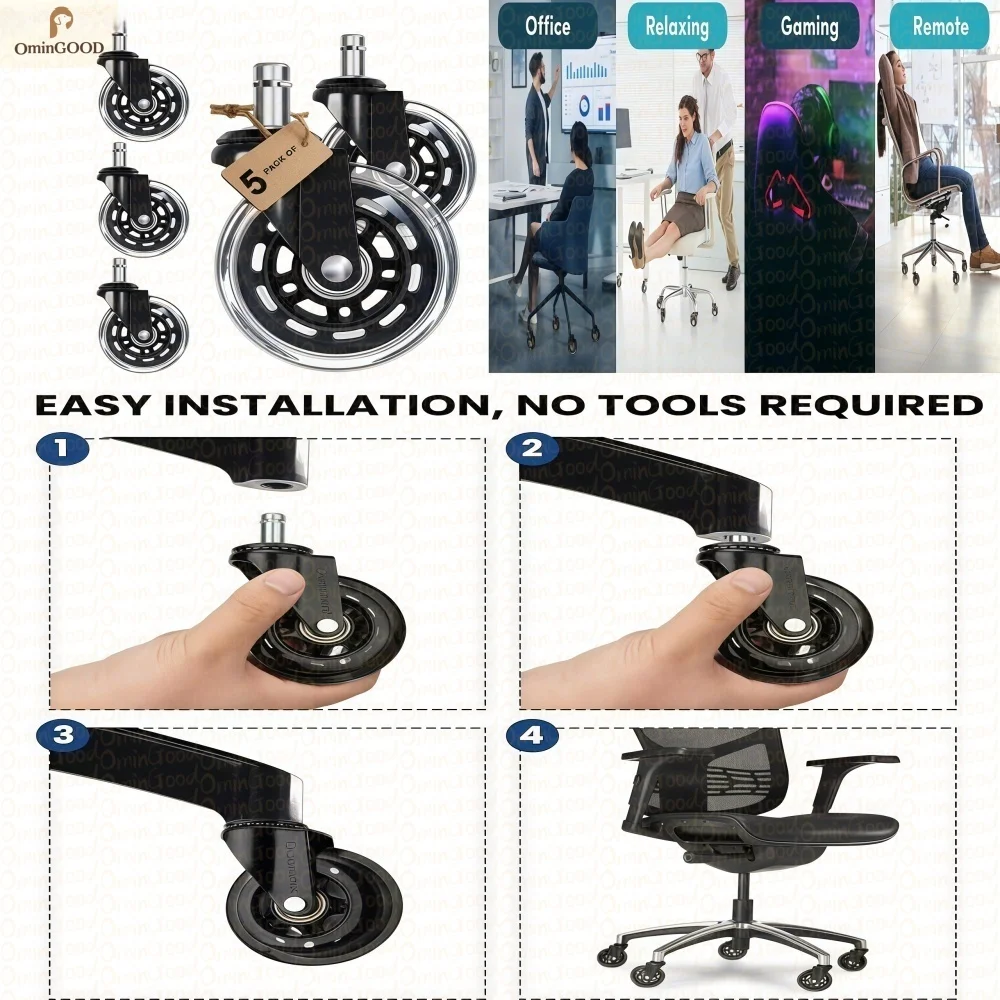 5PCS 3 Inch Silent Swivel Rubber Office Chair Casters Heavy Duty Replacement Wheels for Hardwood Floor Carpet Gaming Desk Chair view 6
