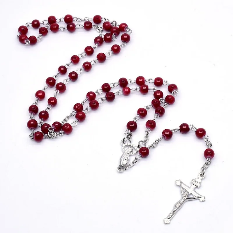 6mm Vintage Red Color Beaded Cross Pendant Necklace Women Men Geometric Pendant Rosary Cross Necklace Catholic Religious Jewelry