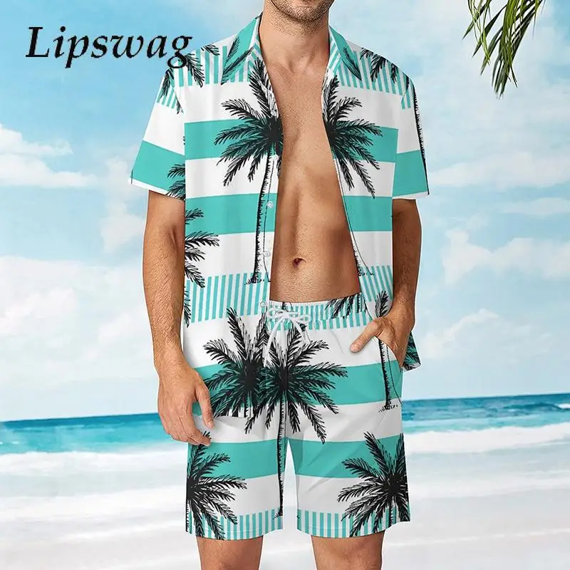 

Летние винтажные рубашки и шорты с лацканами на пуговицах, мужские костюмы из двух предметов, повседневная одежда, модные мужские комплекты с короткими рукавами и принтом