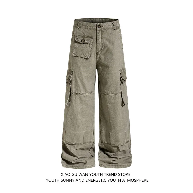 Calças de Trabalho Estilo Americano, Lavadas, Resistentes, com Múltiplos Bolsos, para Homens e Mulheres, Perna Larga, Casual,...