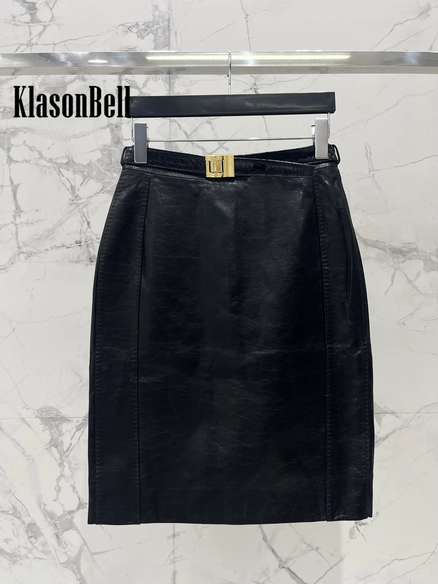 8.4 KlasonBell Women\'s Elegant Simple Genuine Leather Stitched Skirt Belt Back Zipper High Waist All-matches Sheepskin Skirt