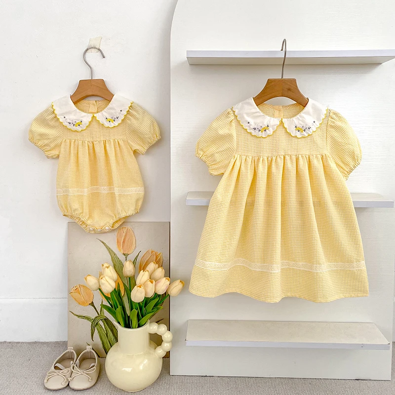 2026 Summer 2-6Yrs Kid Grid Sweet Party Dress 0-24M Baby Girl Embroidery Collar Short Sleeves Bodysuit Yellow Sister Dress