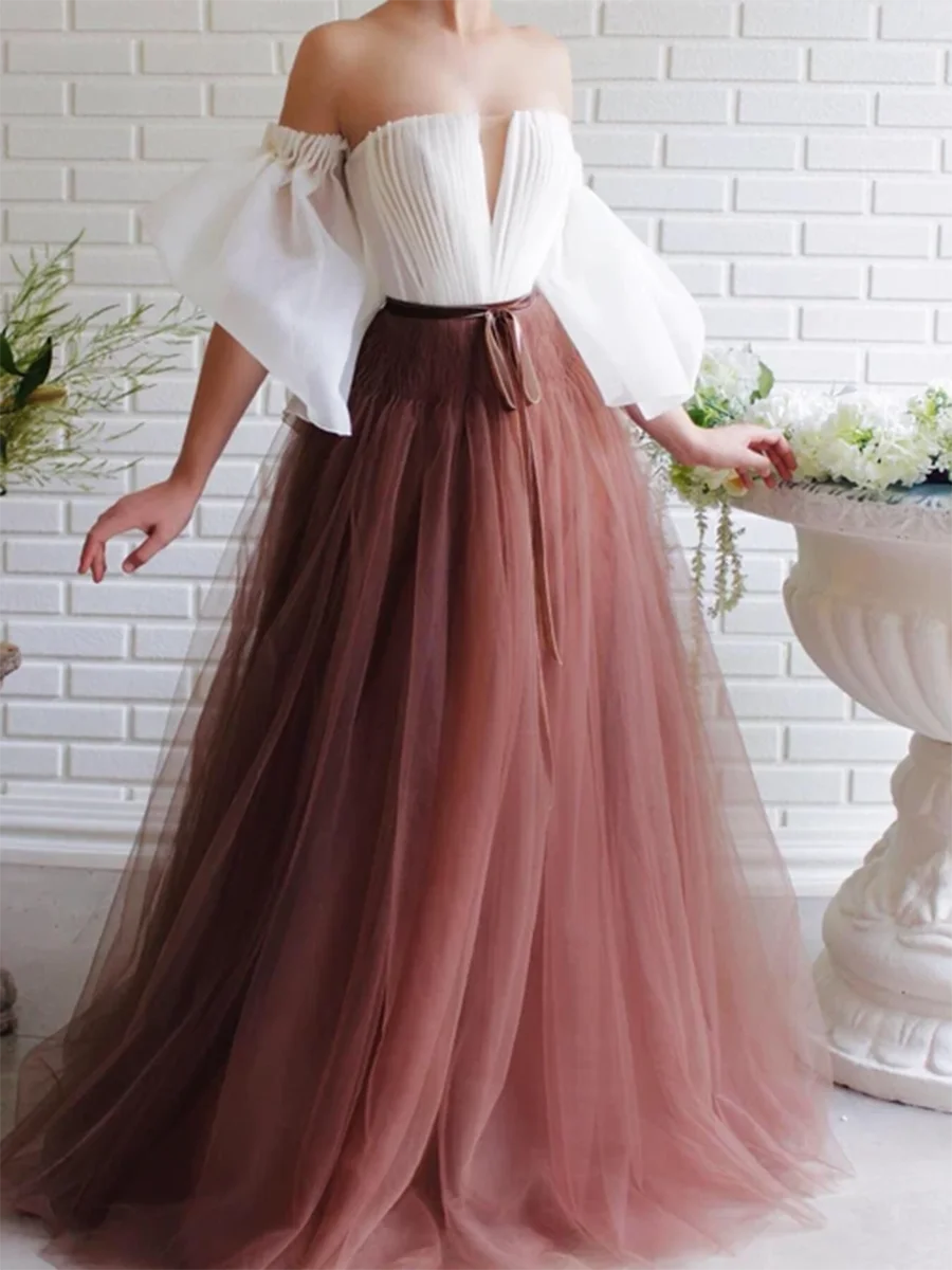 Robe de Princesse en Tulle pour Femme, Tenue de Bal, Col en V, Demi Manches, A-ligne, Simple, Dos aux, Longueur au Sol