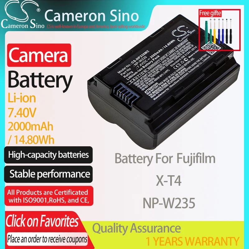 CameronSino Battery for Fujifilm X-T4 fits Fujifilm NP-W235 camera battery 2000mAh/14.80Wh 7.40V Li-ion Black